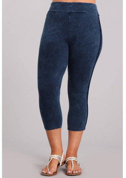 Crochet Striped Mineral Washed Capri Leggings Made in USA - Plus Size