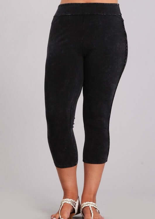 Crochet Striped Mineral Washed Capri Leggings Made in USA - Plus Size