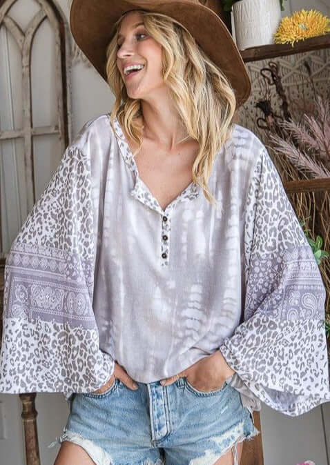 Mixed Media Slouchy Henley Top Made in USA