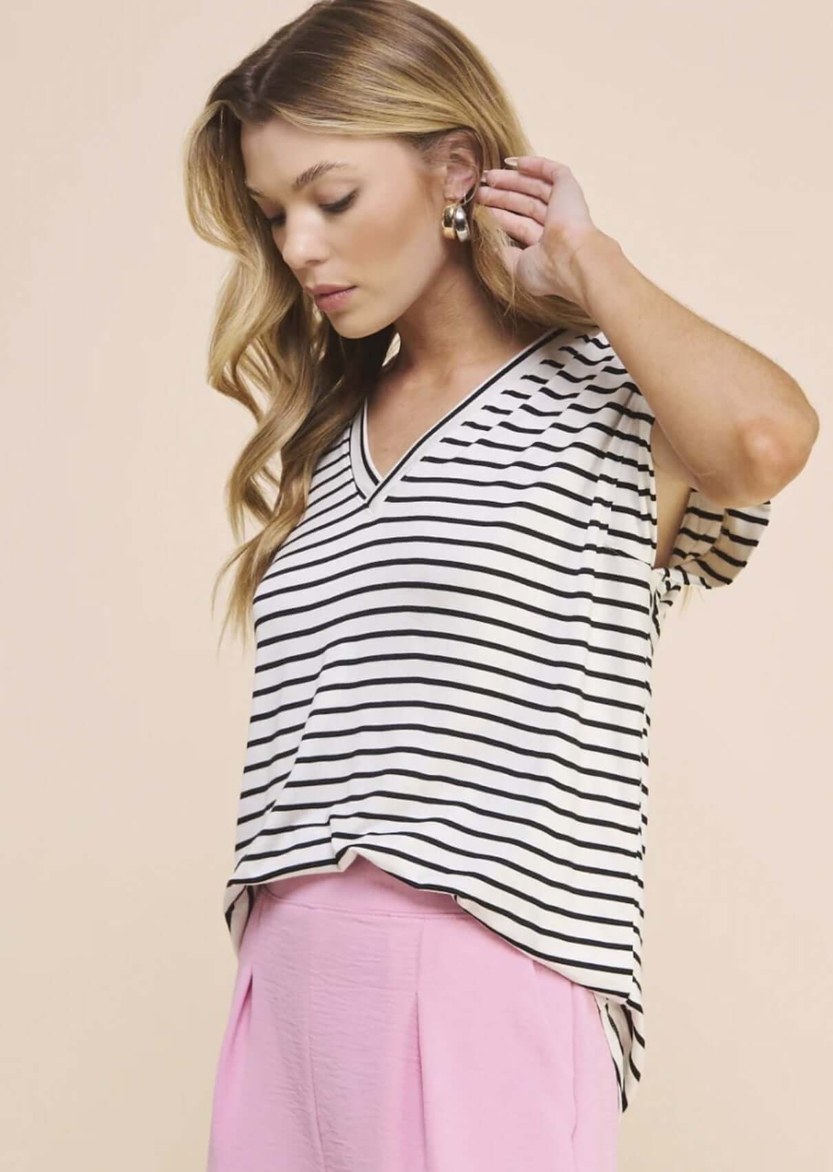 Casual Striped V-Neck Relaxed Fit Top CLEARANCE FINAL SALE