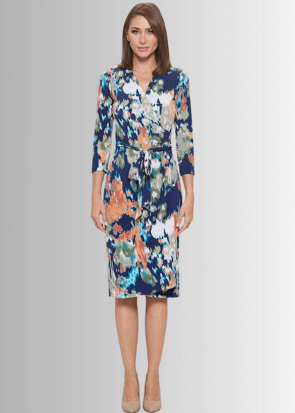 Blue Abstract Print Jersey Wrap Dress