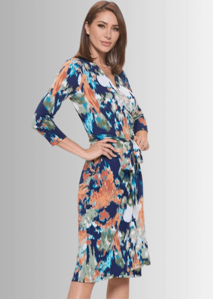 Blue Abstract Print Jersey Wrap Dress