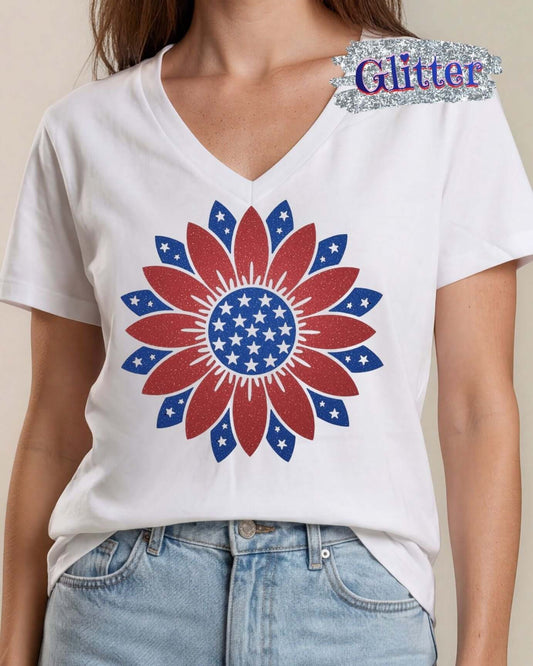 Patriotic Glitter Flower on White Cotton V-Neck Tee | Made in USA