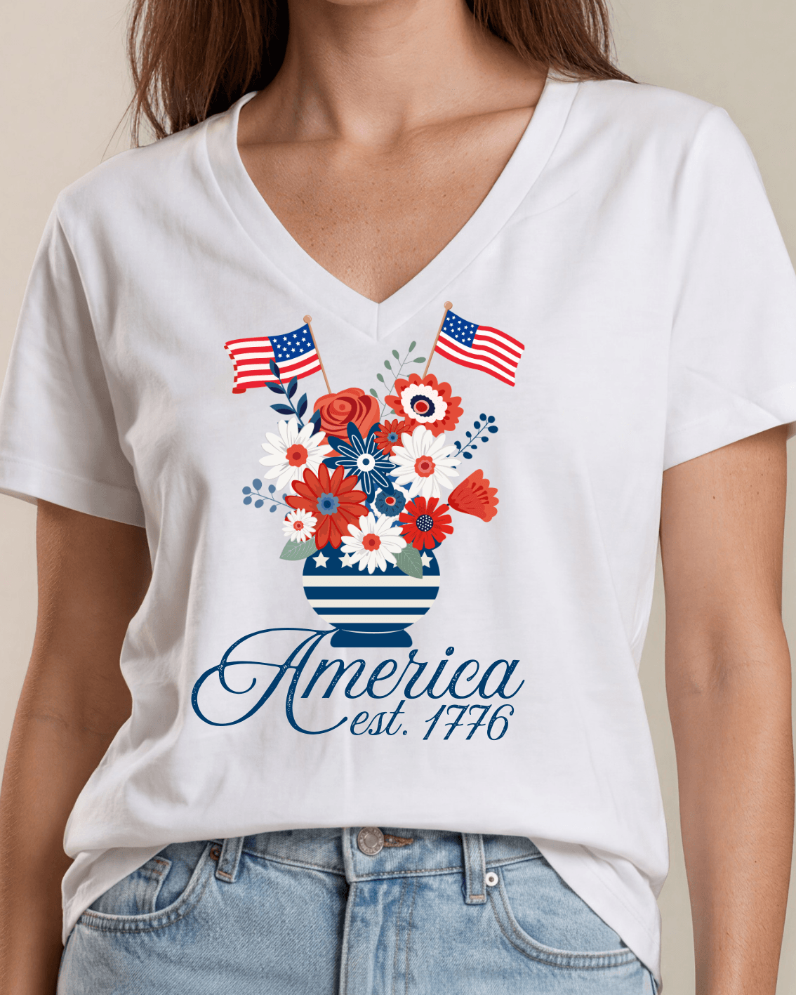 America Patriotic Floral Bouquet on White Cotton V-Neck Tee