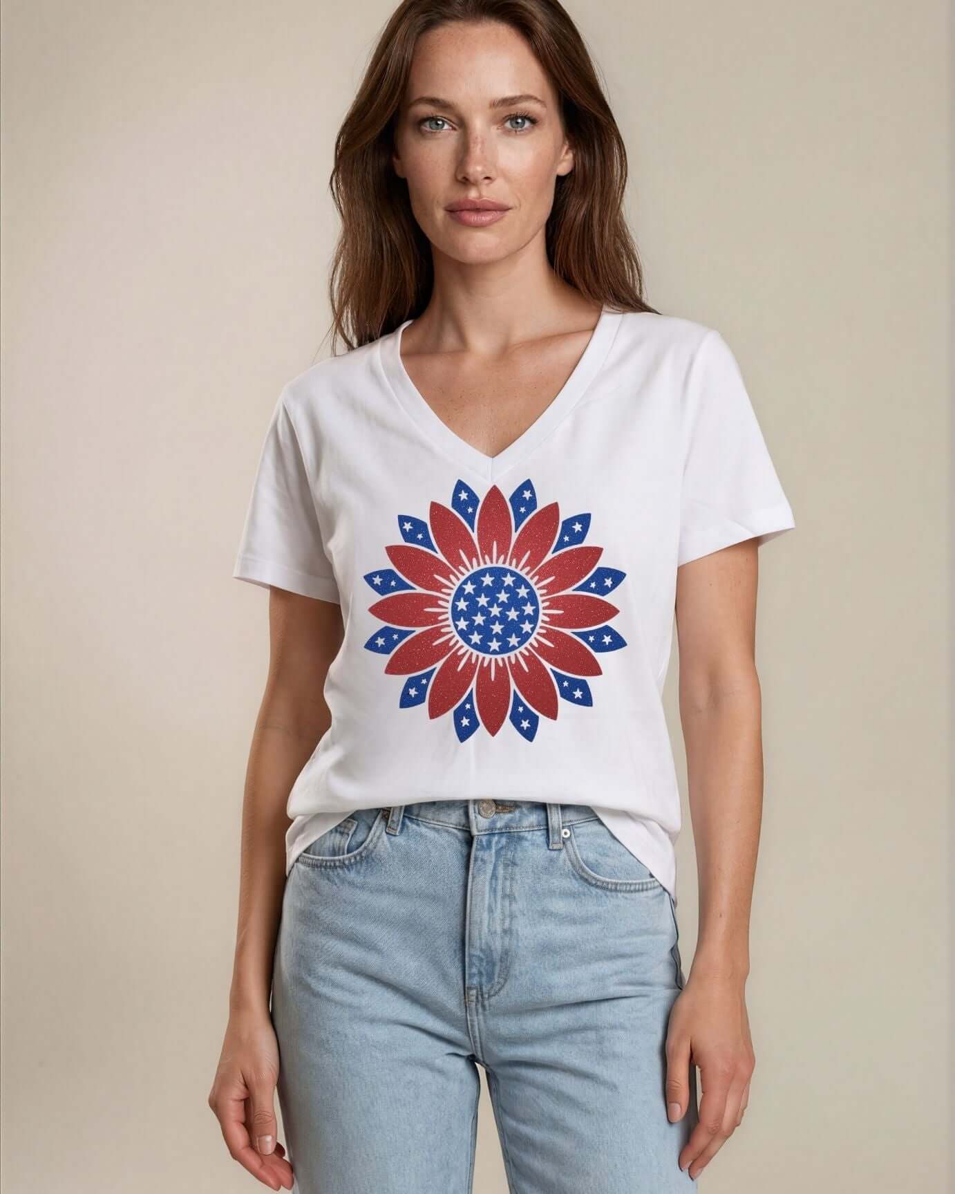 Patriotic Glitter Flower on White Cotton V-Neck Tee | Made in USA