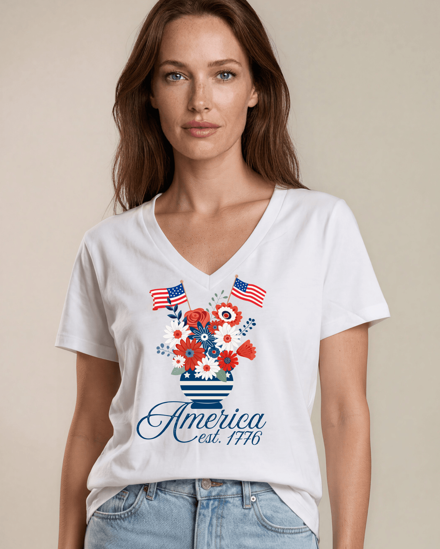 America Patriotic Floral Bouquet on White Cotton V-Neck Tee