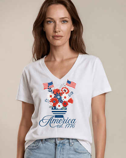 America Patriotic Floral Bouquet on White Cotton V-Neck Tee