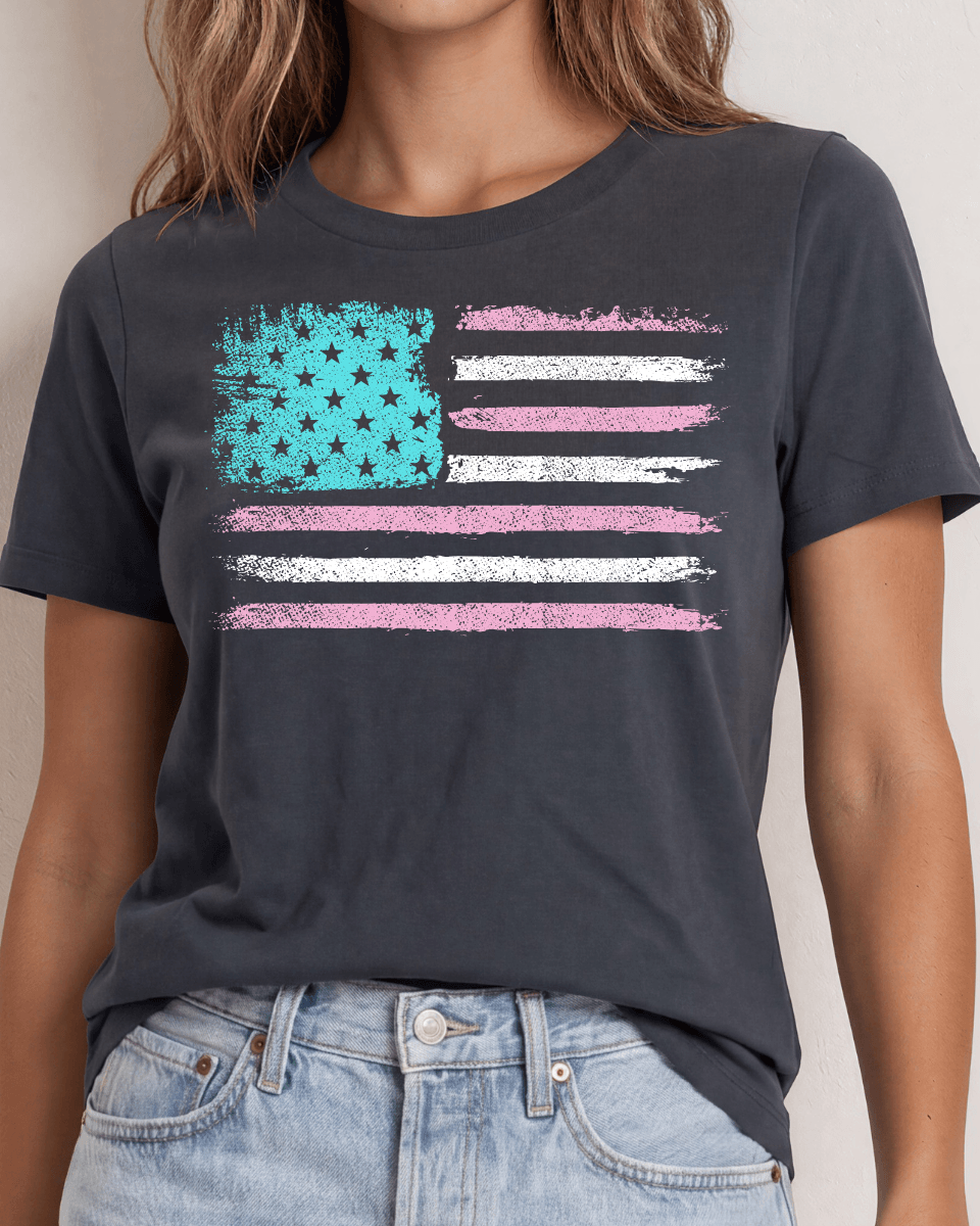 Aqua & Pink Distressed American Flag on Graphite Cotton Tee Made in USA