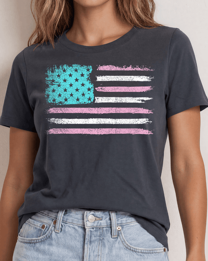 Aqua & Pink Distressed American Flag on Graphite Cotton Tee Made in USA