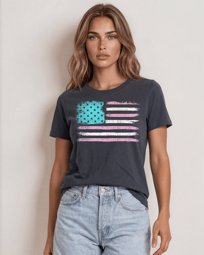 Aqua & Pink Distressed American Flag on Graphite Cotton Tee Made in USA