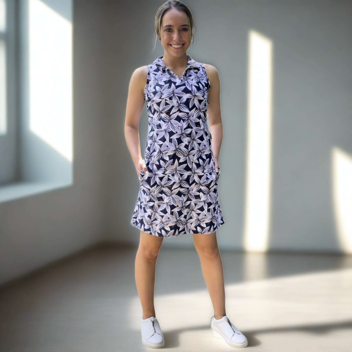 Avalon Placket Dress in Hibiscus Print Made in USA