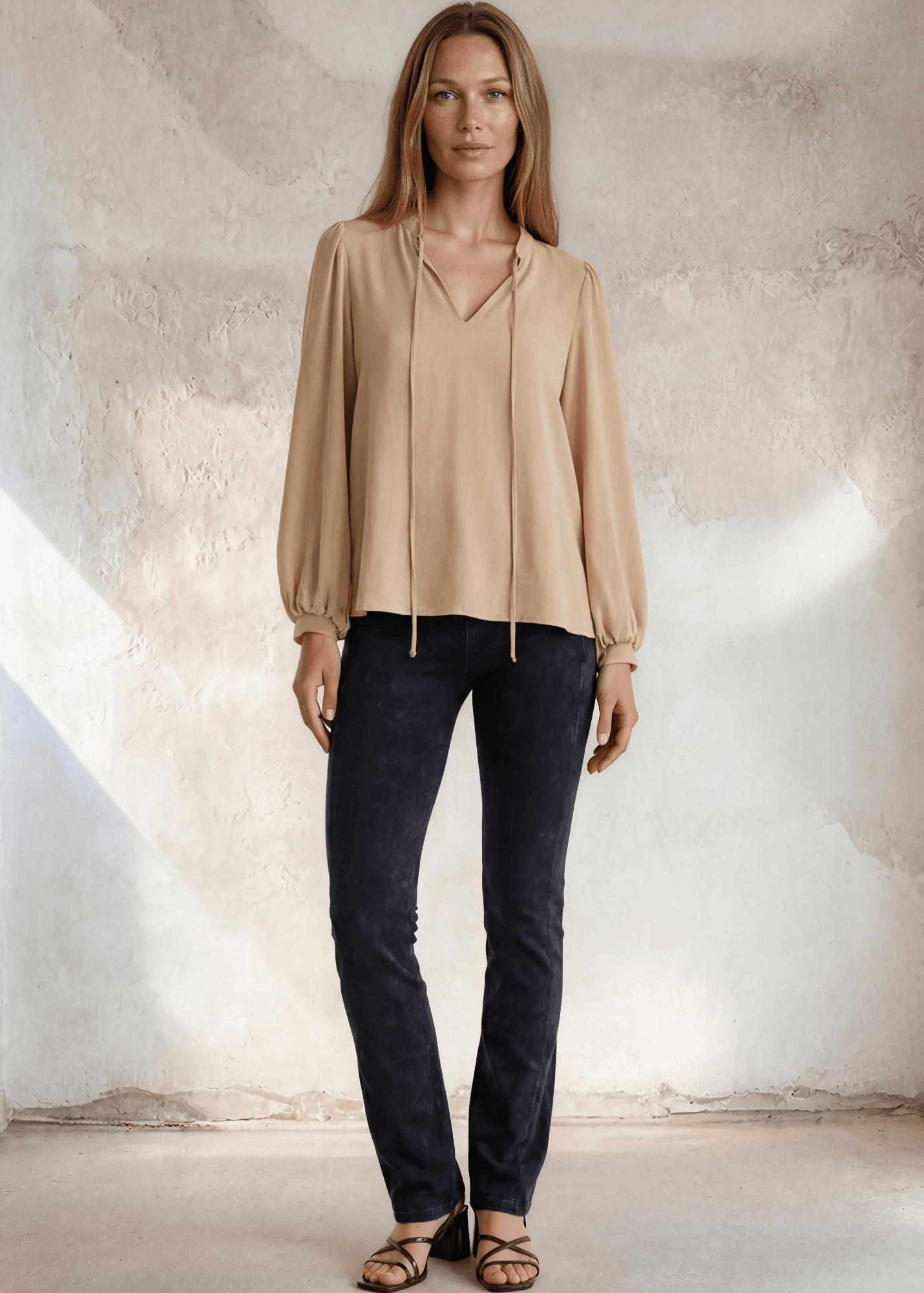 Champagne Matte Crepe Peasant Top