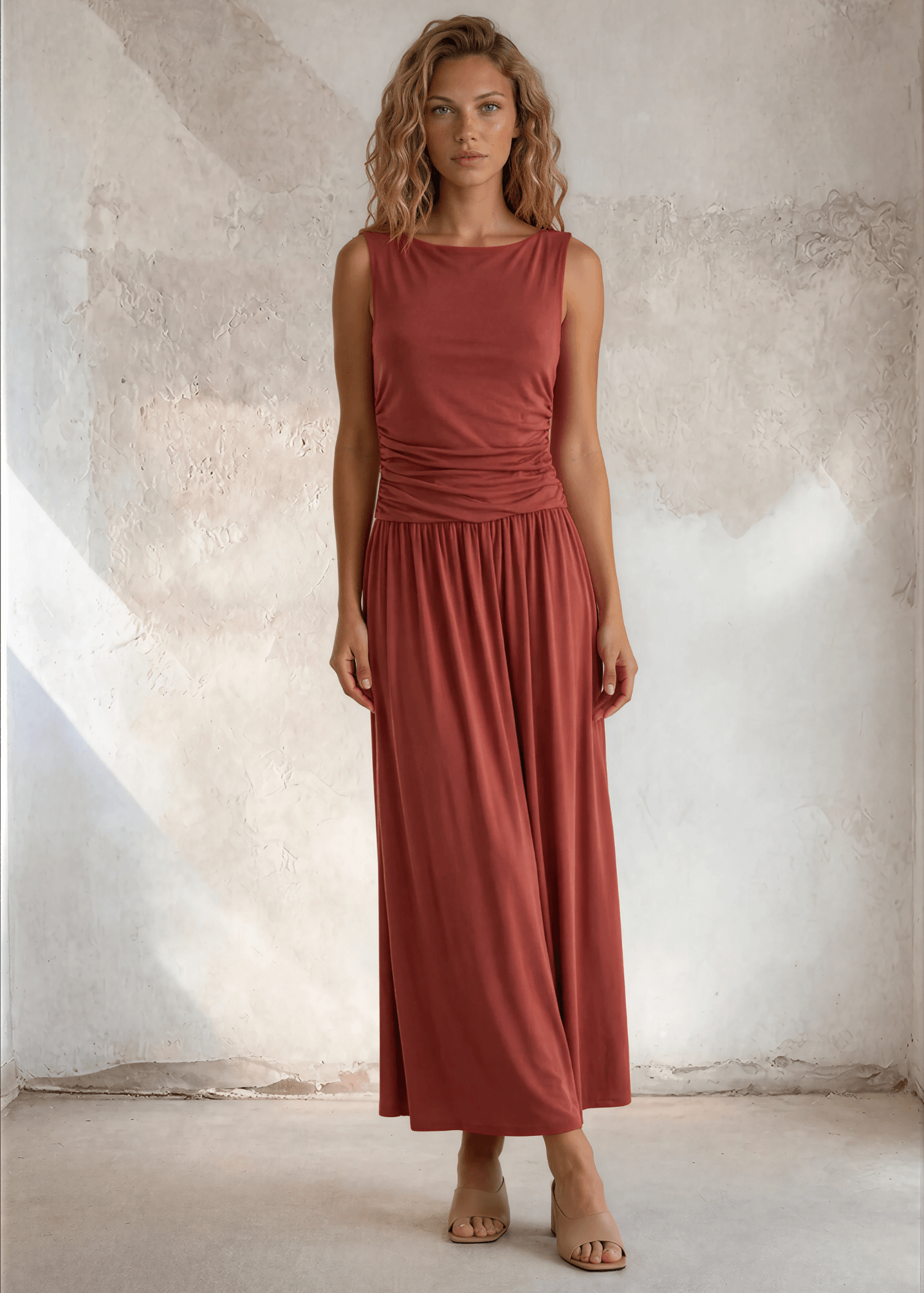 Tia Terracotta Boat Neck Ruched Maxi Dress | Made in USA