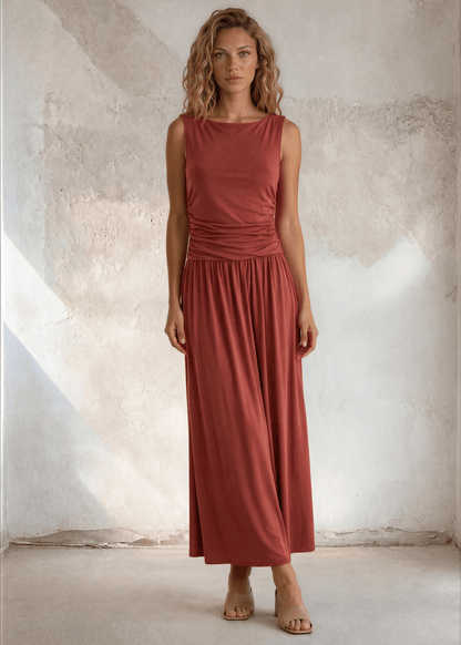 Tia Terracotta Boat Neck Ruched Maxi Dress | Made in USA