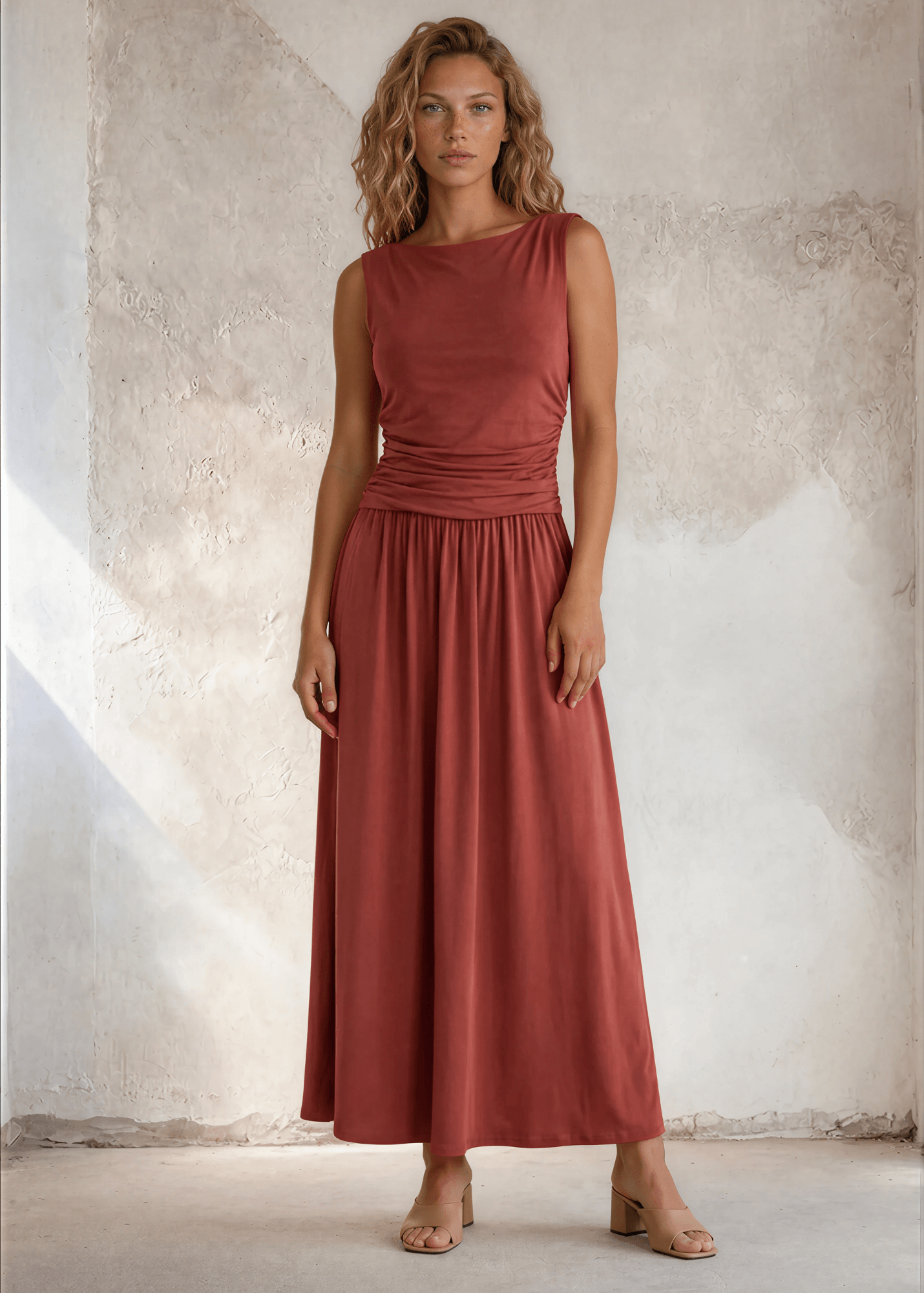 Tia Terracotta Boat Neck Ruched Maxi Dress | Made in USA