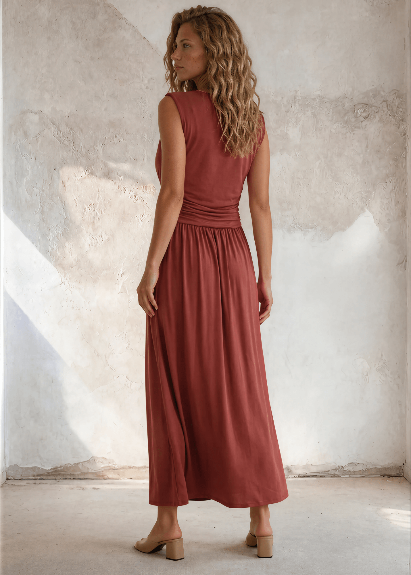 Tia Terracotta Boat Neck Ruched Maxi Dress | Made in USA