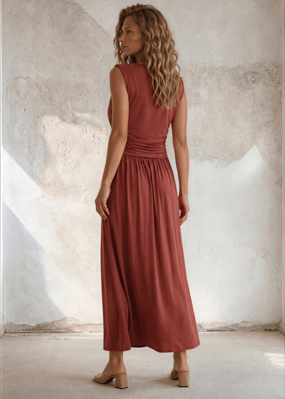 Tia Terracotta Boat Neck Ruched Maxi Dress | Made in USA