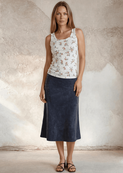 Ashville Versatile Cotton Skirt in Dark Grey-Blue Denim