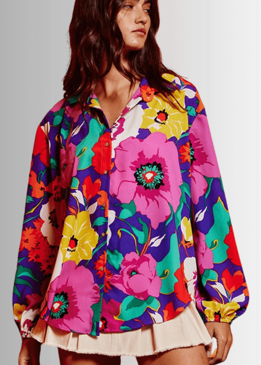 Colorful Floral Button Down Blouse Made in USA Light Mauve