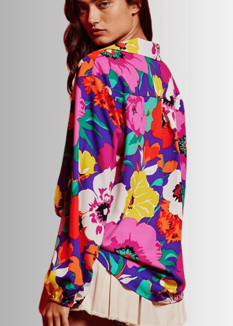 Colorful Floral Button Down Blouse Made in USA