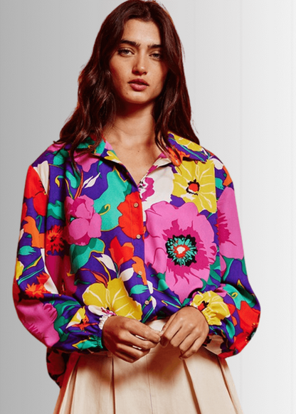 Colorful Floral Button Down Blouse Made in USA