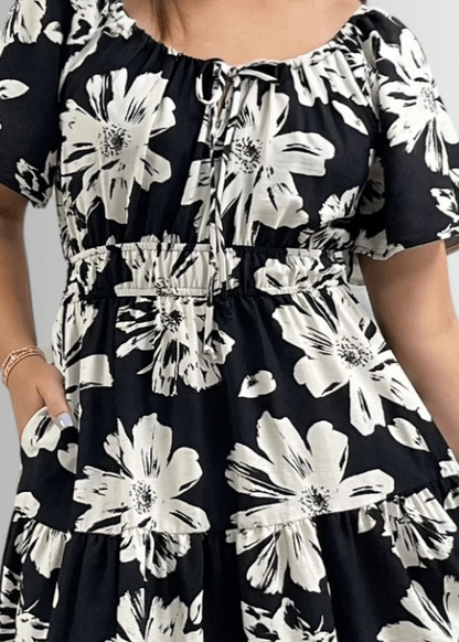 Marla Floral Black and White Midi Dress
