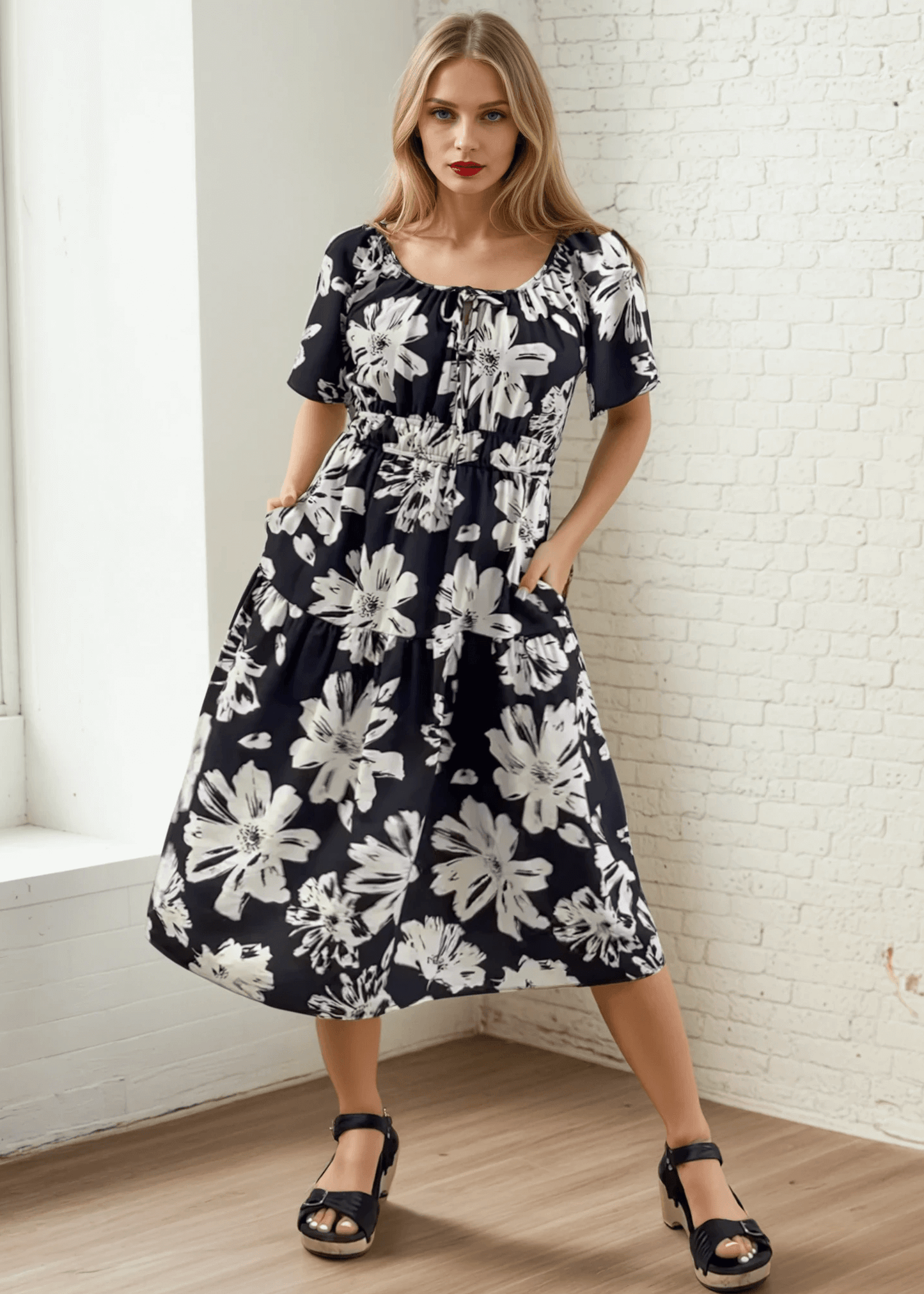 Marla Floral Black and White Midi Dress