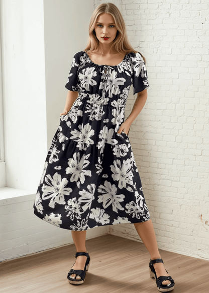 Marla Floral Black and White Midi Dress
