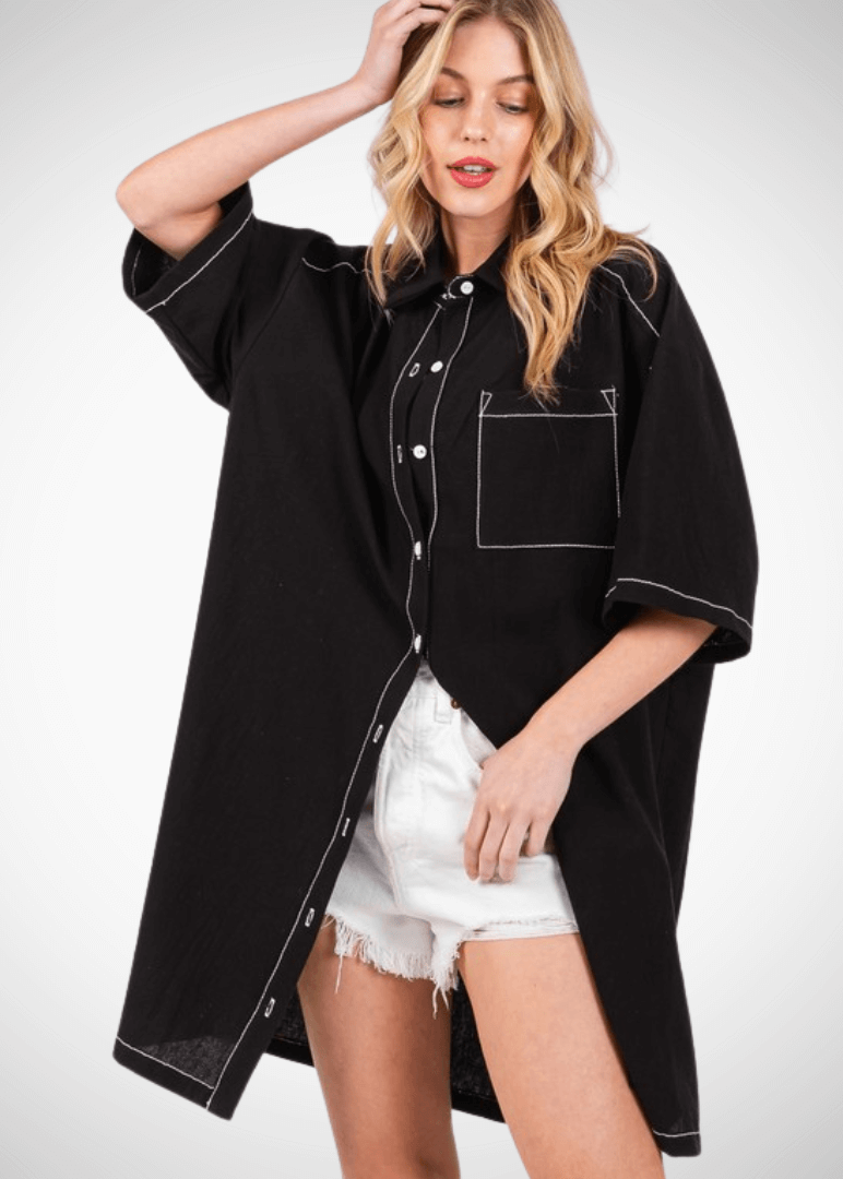 Oversized Stitch Detail Shirt Dress Made in USA