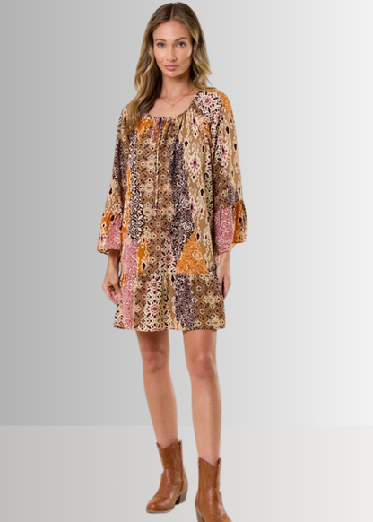 Brynn Boho Pattern Ruffled A-Line Dress