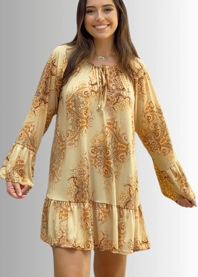 Inaya Boho Tiered Dress in Mustard