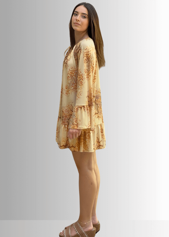Inaya Boho Tiered Dress in Mustard