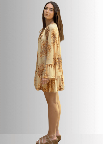 Inaya Boho Tiered Dress in Mustard