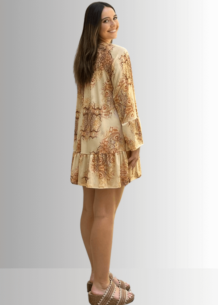 Inaya Boho Tiered Dress in Mustard