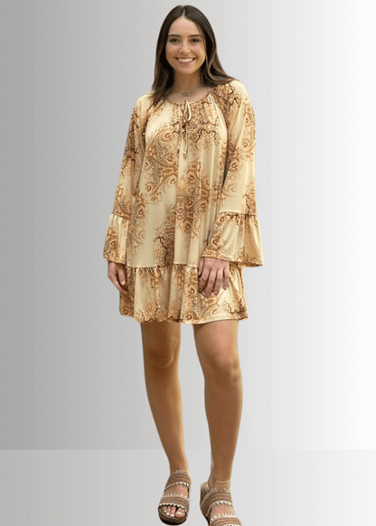Inaya Boho Tiered Dress in Mustard