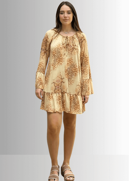 Inaya Boho Tiered Dress in Mustard