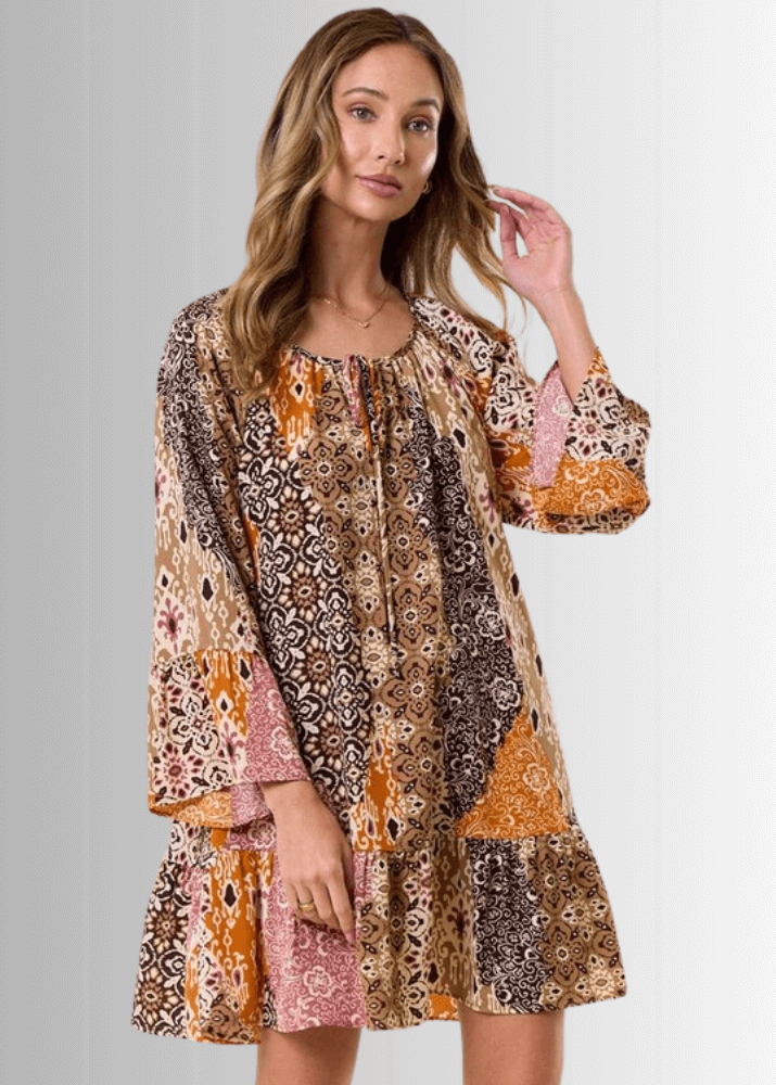 Brynn Boho Pattern Ruffled A-Line Dress