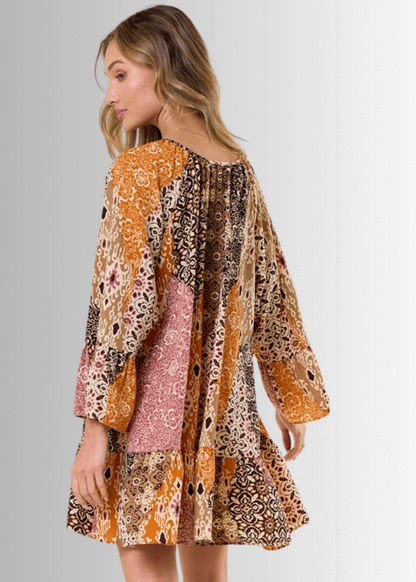Brynn Boho Pattern Ruffled A-Line Dress