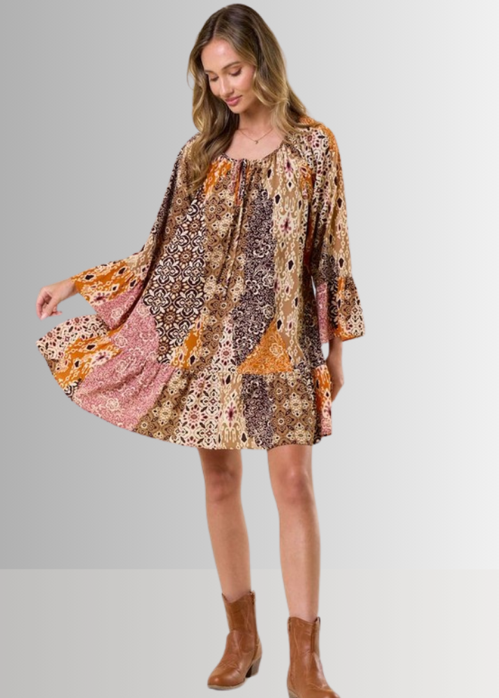 Brynn Boho Pattern Ruffled A-Line Dress