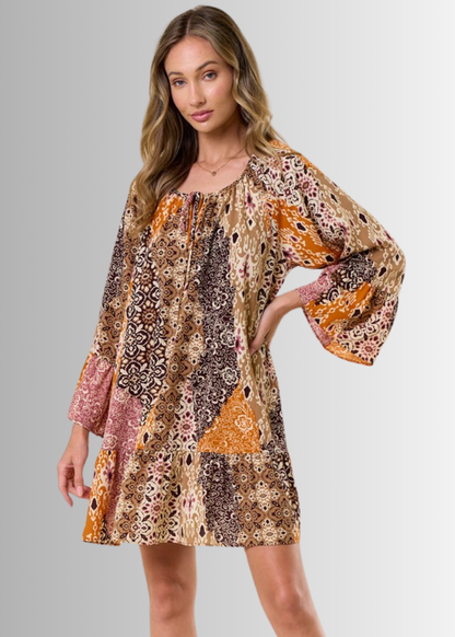 Brynn Boho Pattern Ruffled A-Line Dress