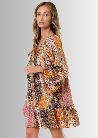 Brynn Boho Pattern Ruffled A-Line Dress