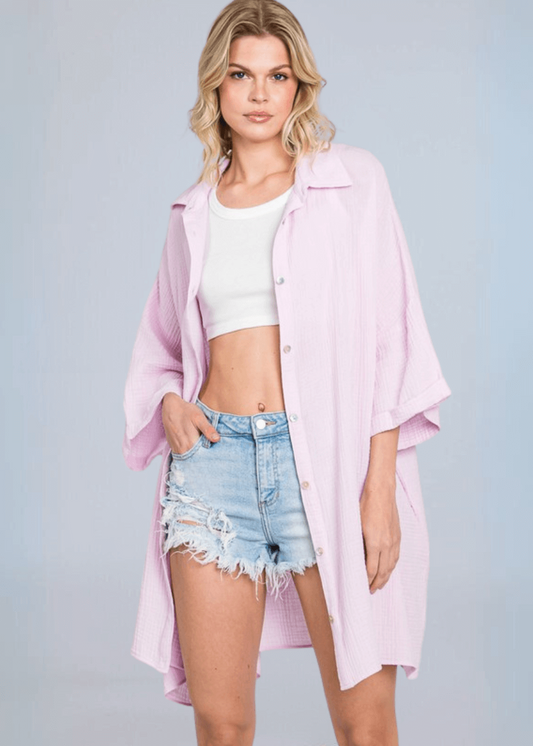 Boyfriend Slouchy Gauze Top in Pink Lilac Made in USA