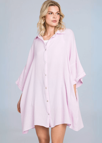 Boyfriend Slouchy Gauze Top in Pink Lilac Made in USA