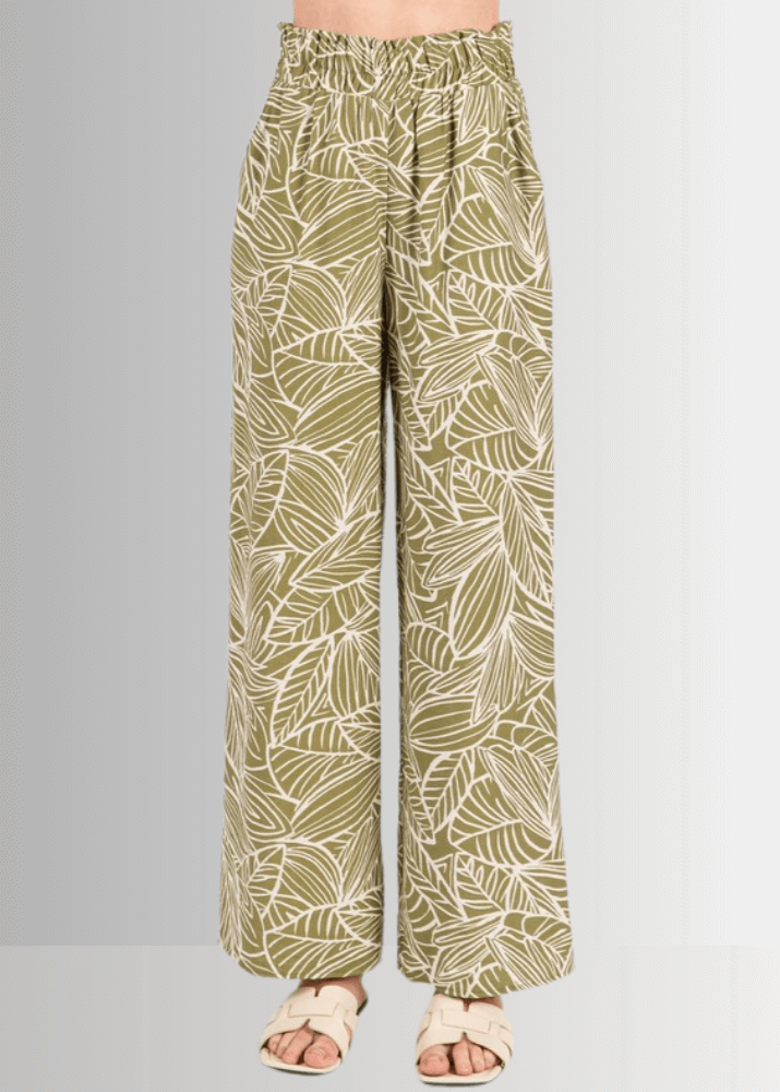 Breezy Tropical Print Pants (Olive)