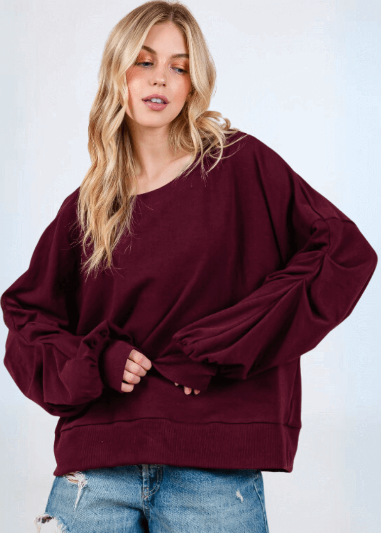 Cabernet Red Sweatshirt with Sleeve Gathering  - CLEARANCE FINAL SALE