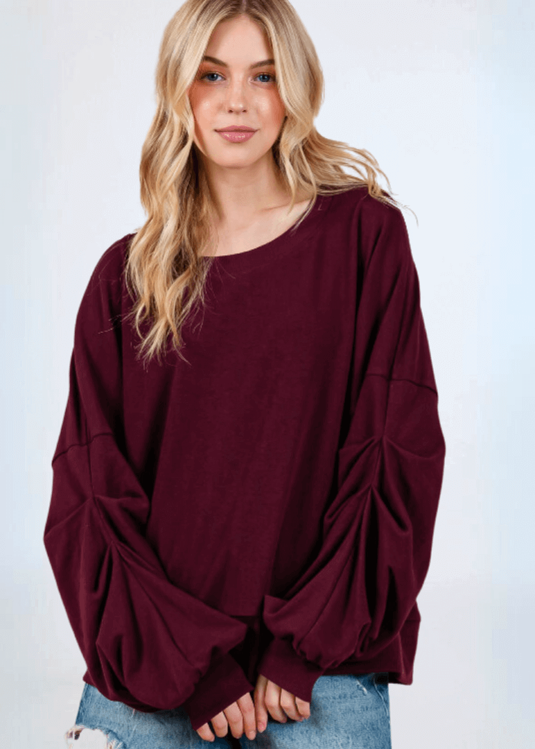 Cabernet Red Sweatshirt with Sleeve Gathering  - CLEARANCE FINAL SALE