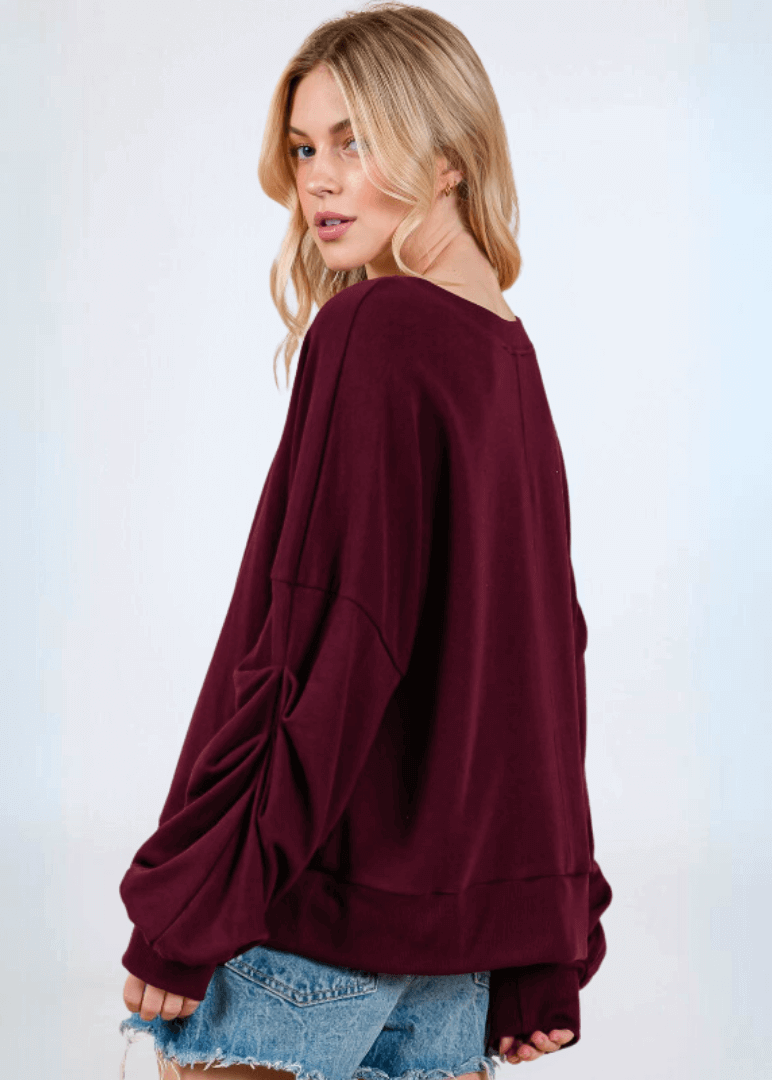 Cabernet Red Sweatshirt with Sleeve Gathering  - CLEARANCE FINAL SALE