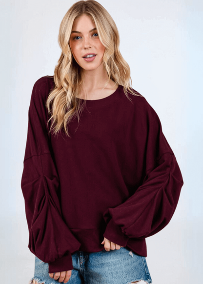 Cabernet Red Sweatshirt with Sleeve Gathering  - CLEARANCE FINAL SALE