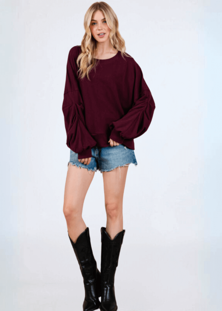 Cabernet Red Sweatshirt with Sleeve Gathering  - CLEARANCE FINAL SALE
