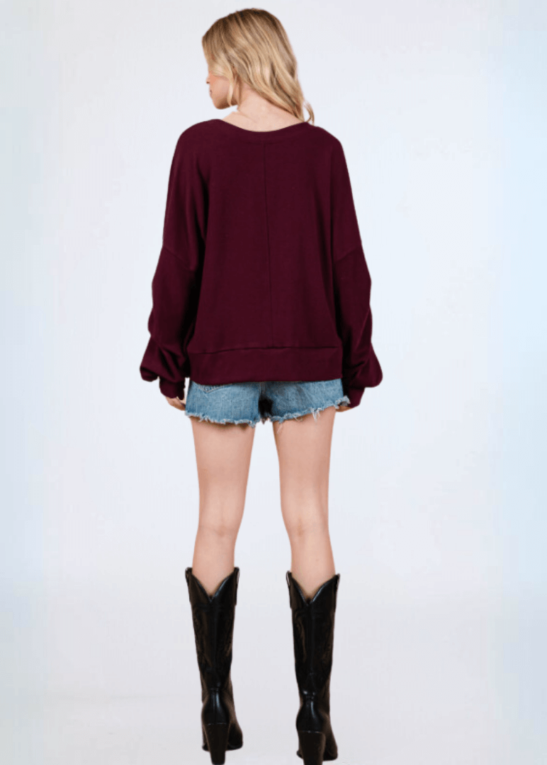 Cabernet Red Sweatshirt with Sleeve Gathering  - CLEARANCE FINAL SALE